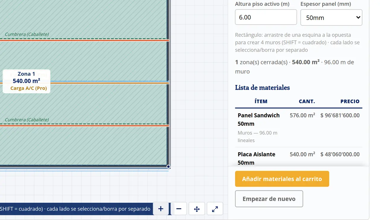 QuickDesign: la lista de materiales con cantidades y precios de suministro