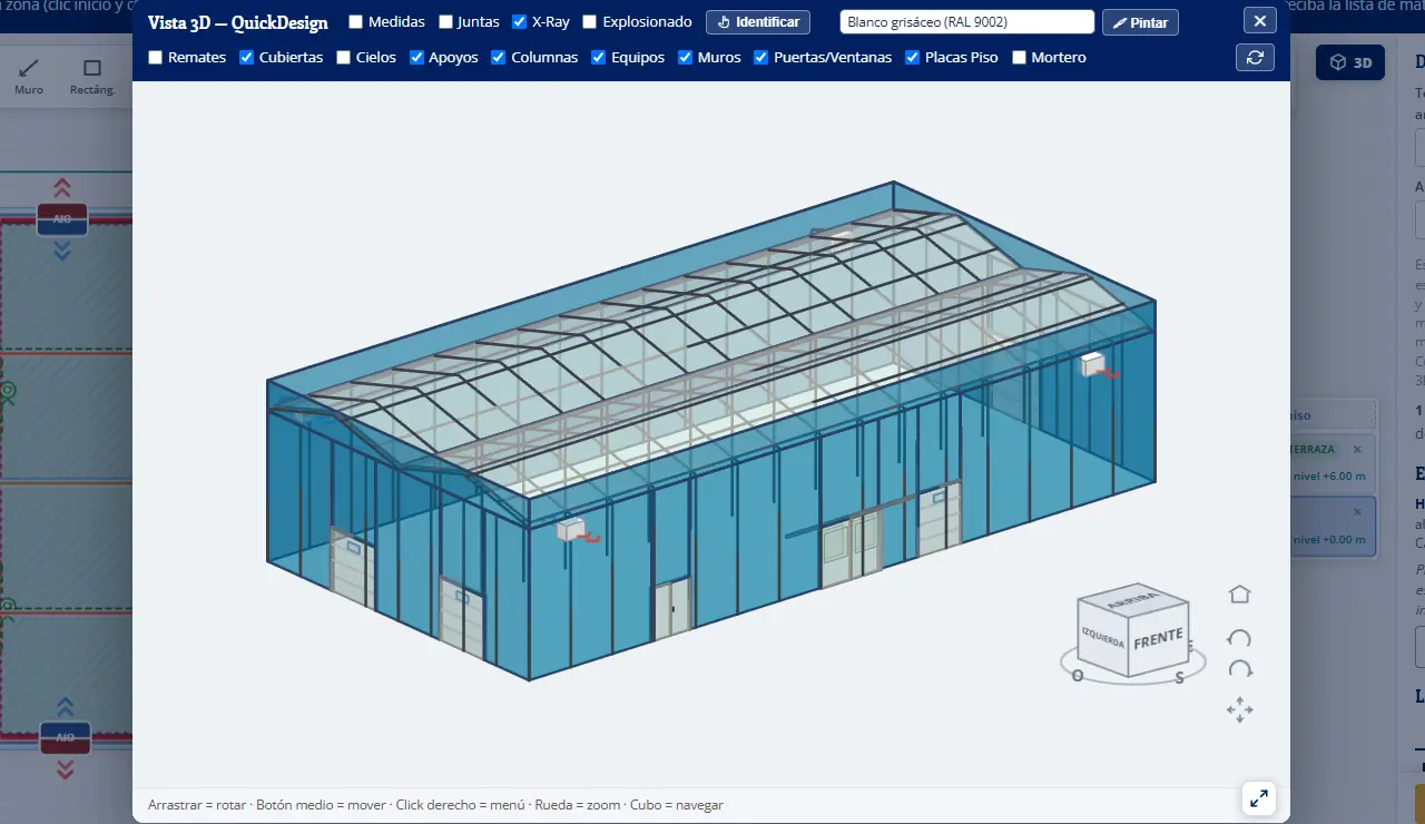 QuickDesign: la bodega en 3D con rayos X — cubierta, estructura metálica, columnas y apoyos a la vista