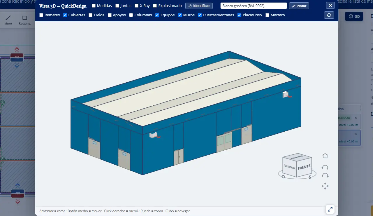 QuickDesign: la misma bodega con puertas, ventanas, condensadores y evaporadores, y los muros en azul RAL 5015