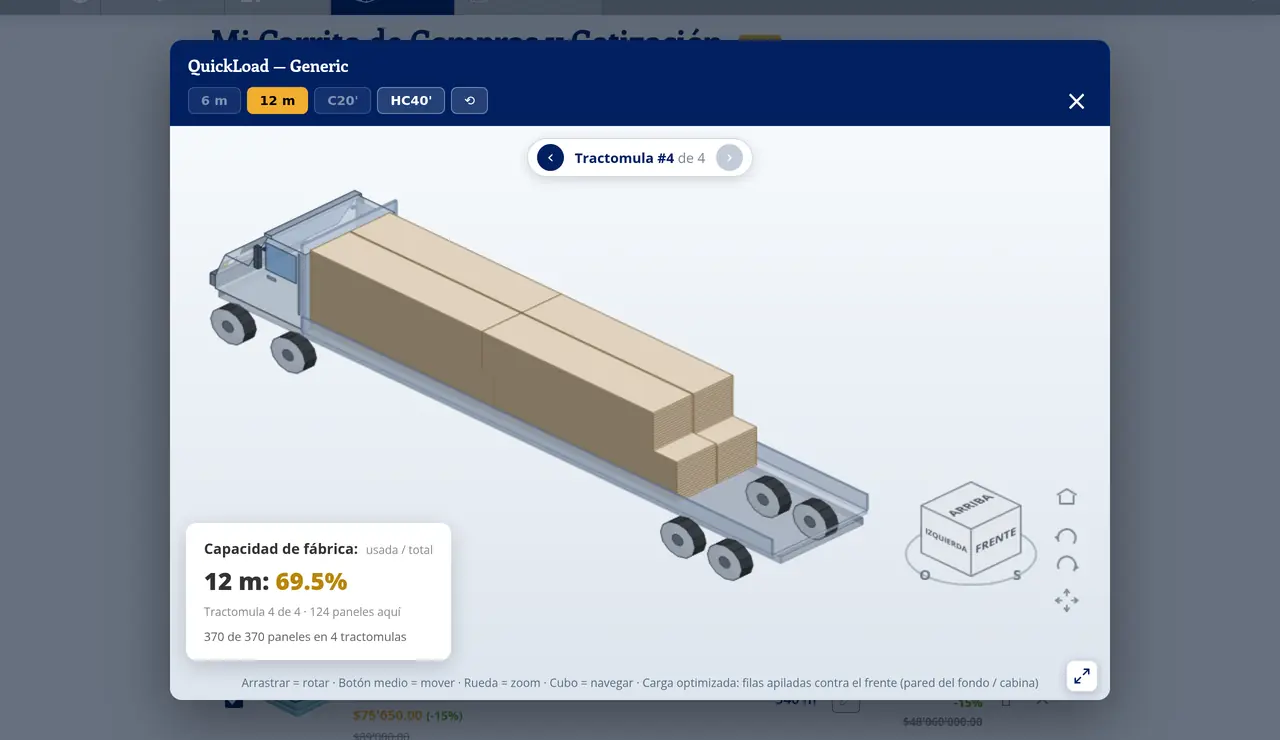QuickLoad: una tractomula de 12 m cargada al 70% con paneles de distintos largos