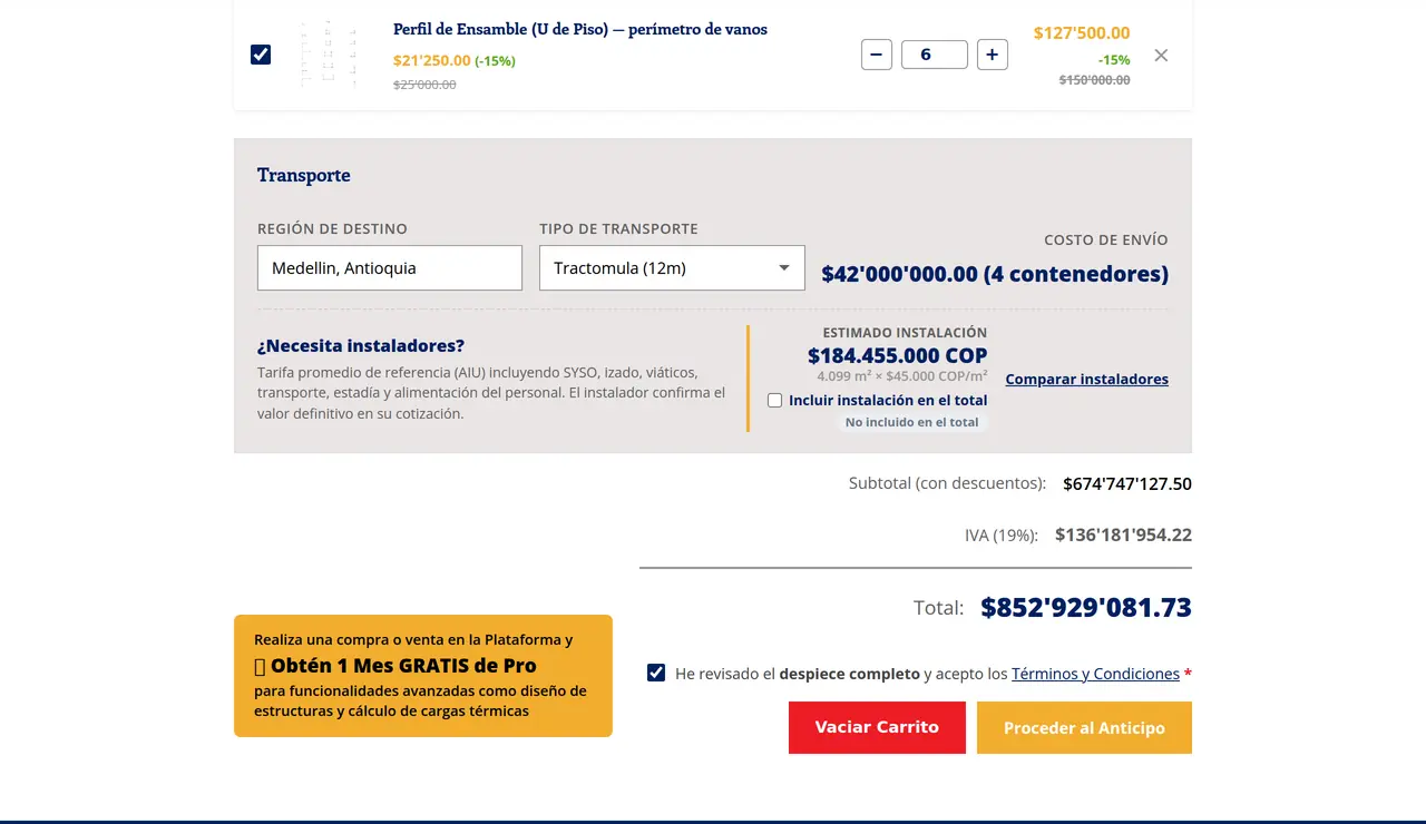 Carrito: despiece revisado, términos aceptados y anticipo